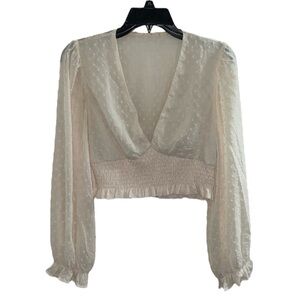 Cream Bell-Sleeved V-Neck Crop Top-Size Medium